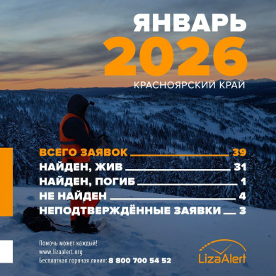 Опубликована статистика отряда «ЛизаАлерт» Красноярского края за январь 2026 года 