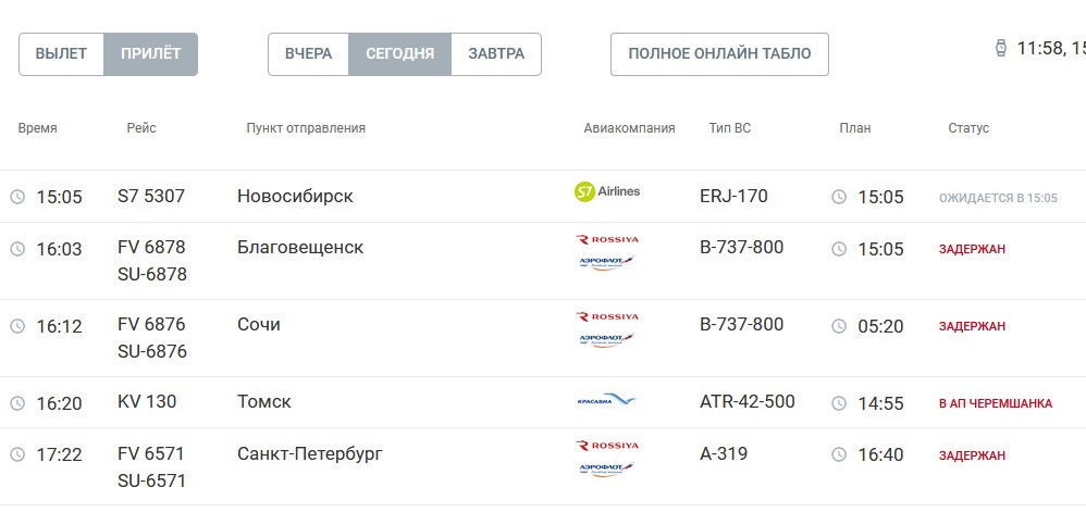Табло прилётов аэропорта Красноярск